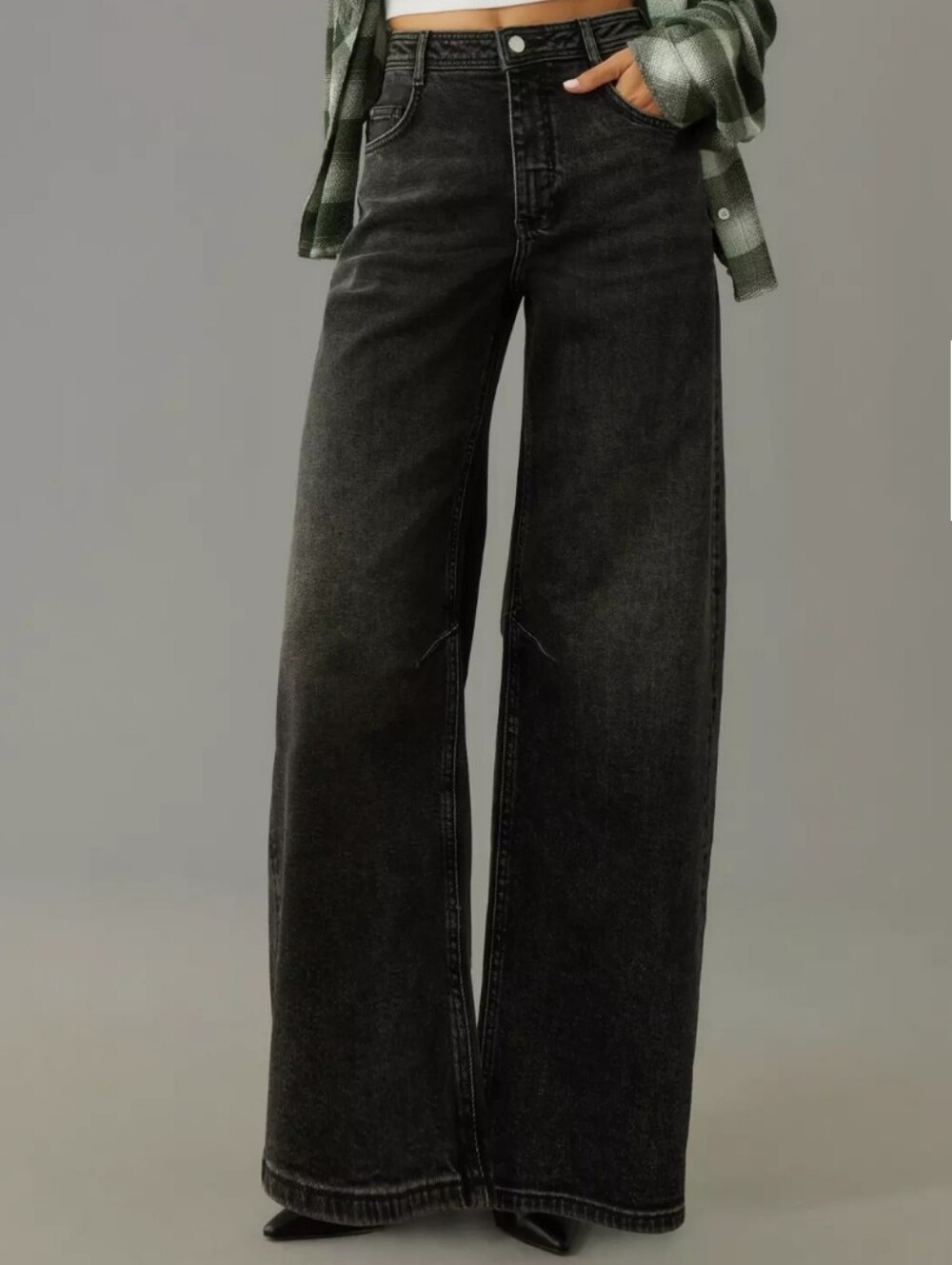 Pilcro Anthropologie The Bowed Slouch Tapered Jeans Wide Leg Charcoal Black 27T
